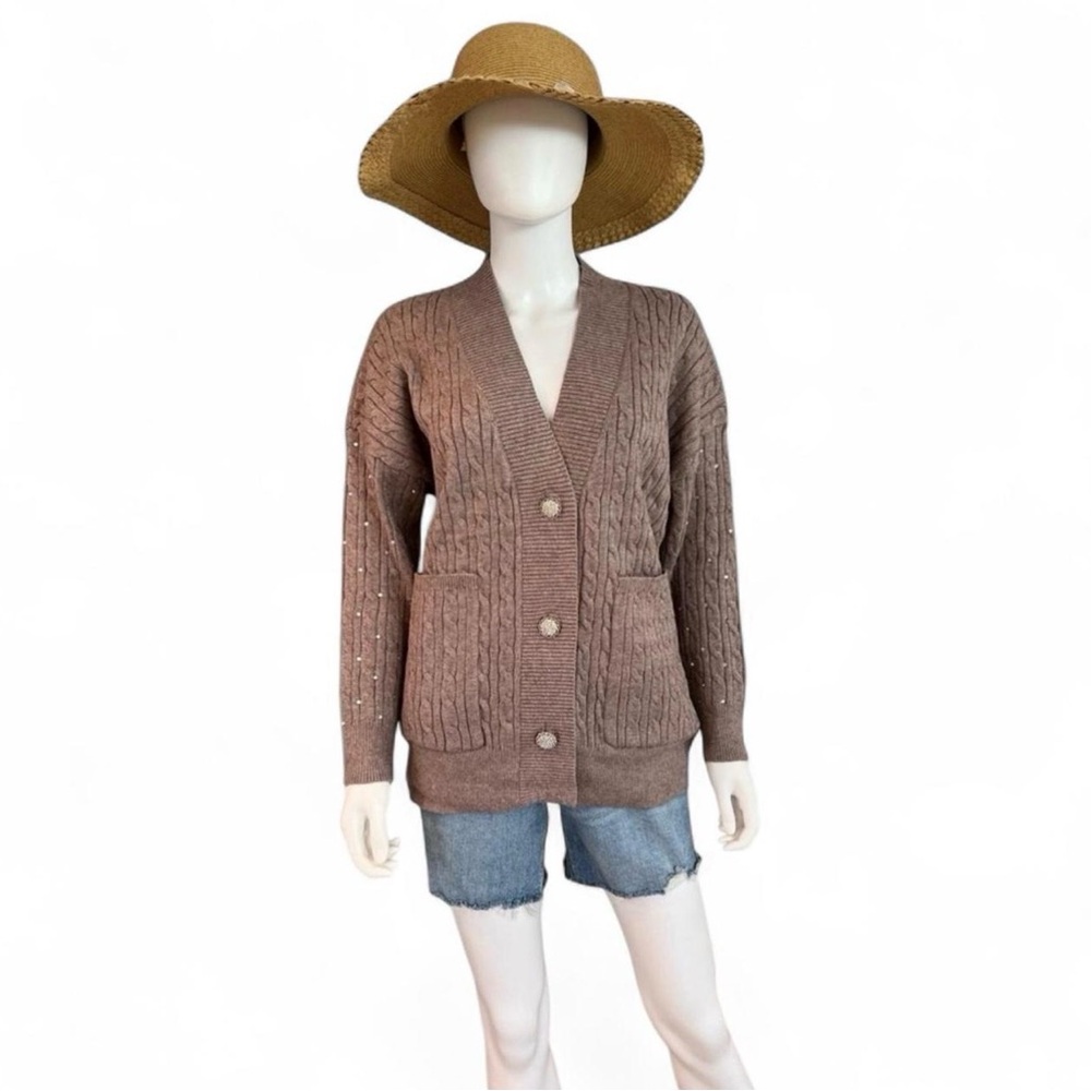 THINKABLE gem button front cable knit mocha cardigan combo size S/M M/L - Picture 3 of 6